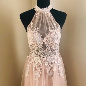 Lace appliqué tulle gown